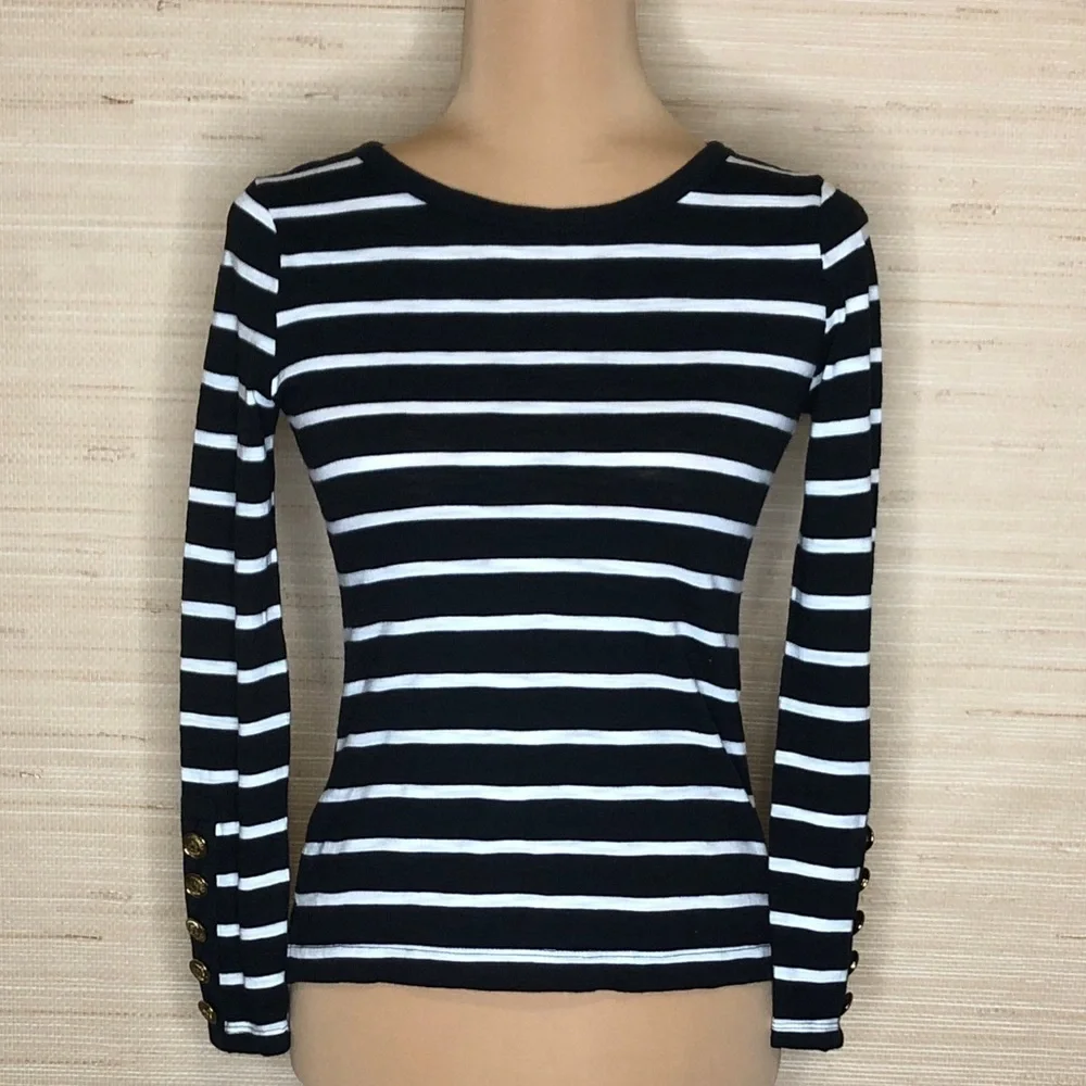 White House Black Market Striped Long Sleeve Tee with Gold Accent Buttons XXS